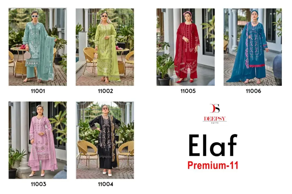 Deepsy Elaf Premium 11 six-design catalogue collage with aqua, lime, red, blue, pink and black embroidered suits