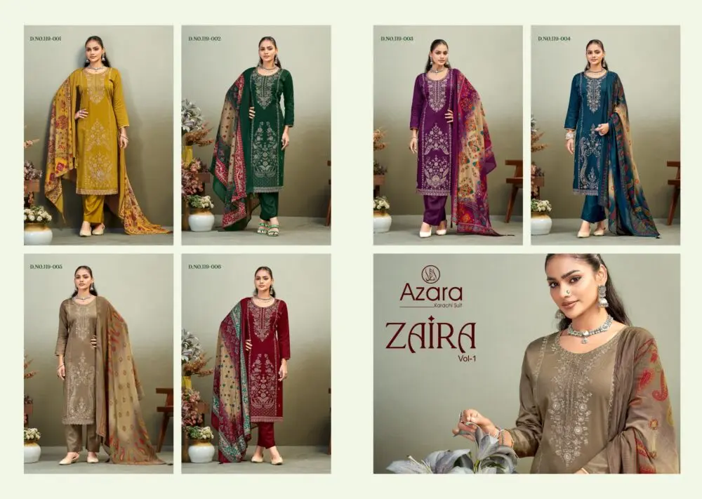 Azara Zaira six-design catalogue collage in mustard, green, purple, teal, taupe and maroon