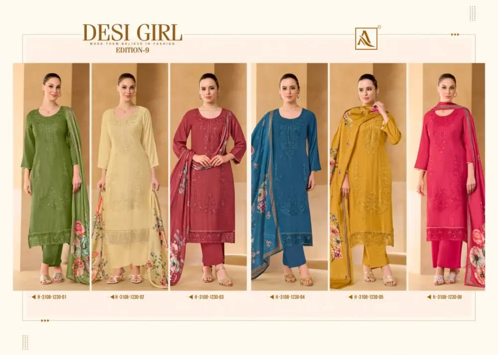 Alok Suit Desi Girl-9 collage showing all six designs in green, cream, maroon, teal, mustard and pink