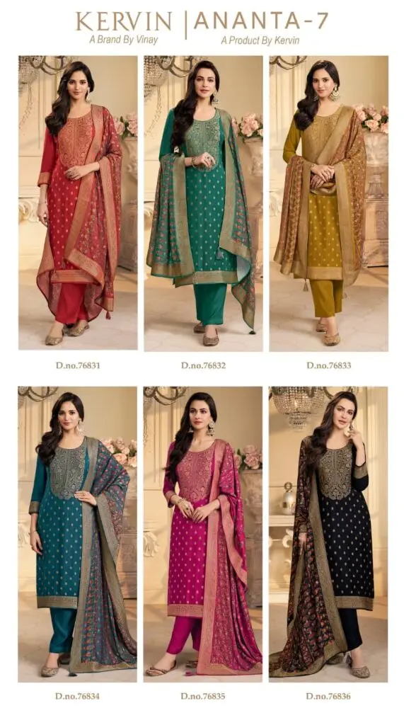 Vinay Kervin Ananta 7 collage showing all six pashmina suit designs 76831 to 76836