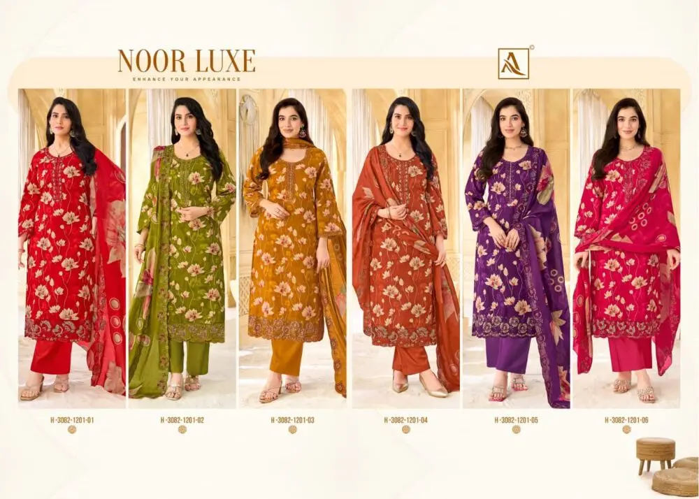 Alok Suit Noor Luxe: Catalogue photo 2 showing clothing in green, red, orange, purple.