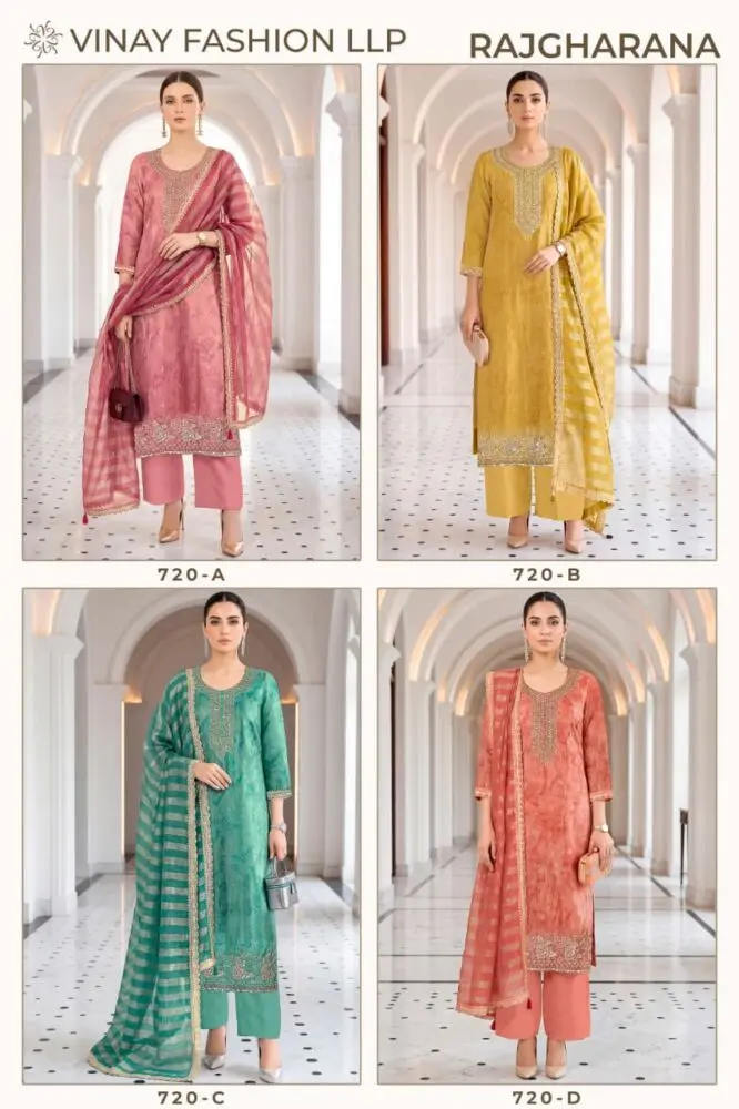 Vinay Kuleesh Rajgharana: Catalogue photo 2 showing clothing in yellow, green, pink, orange.