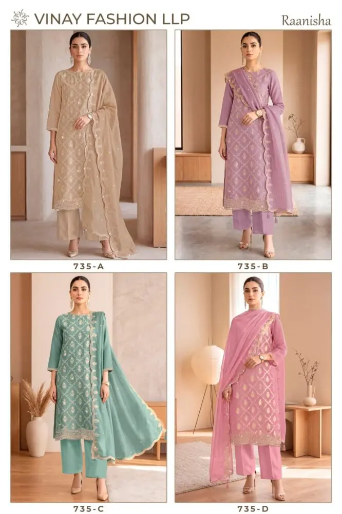 Vinay Kuleesh Raanisha four-design collage with beige, lavender, mint green and pink embroidered outfits and matching dupattas.