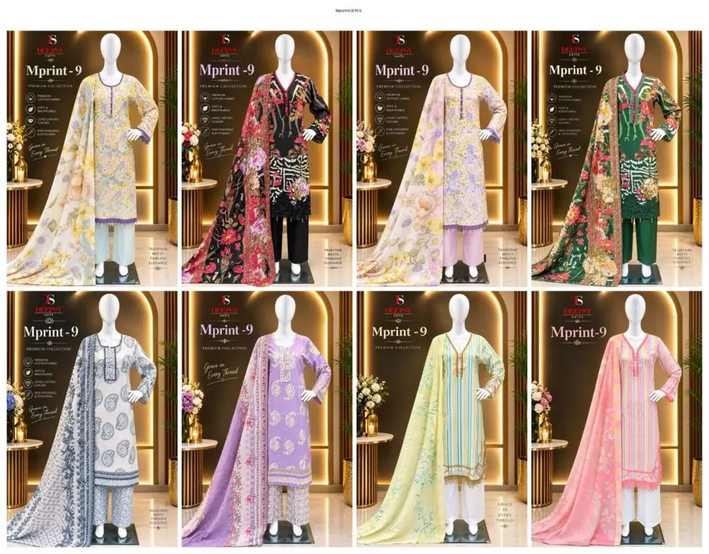 Deepsy Mariab Mprint 9 eight-design collage showing striped, paisley and floral readymade palazzo suit sets