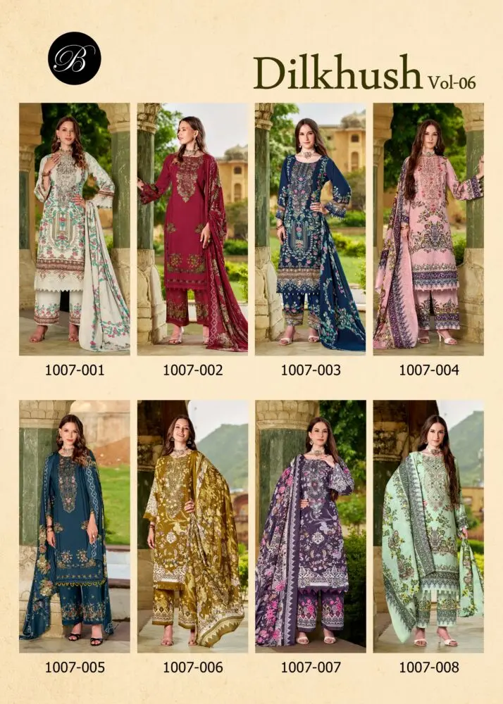 Belliza Designer Studio Dilkhush Vol 6 catalogue collage displaying all eight unstitched designs 1007-001 to 1007-008