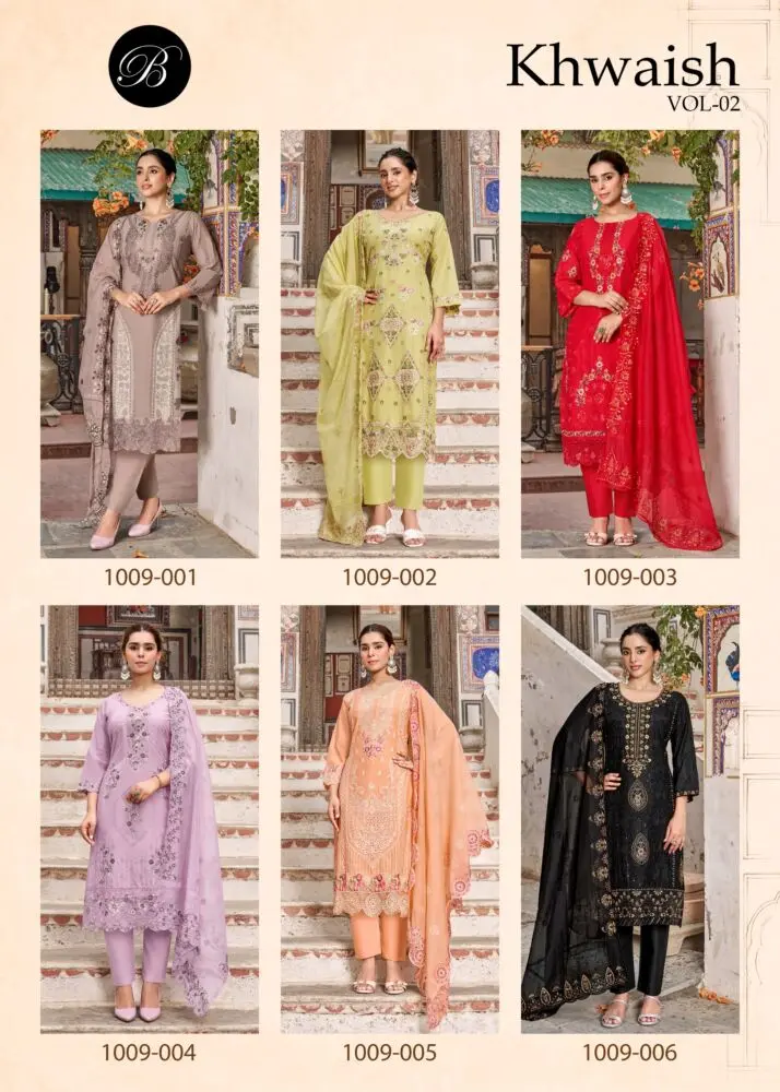 Belliza Designer Studio Khwaish Vol 2 collage showing all six unstitched cotton lawn designs