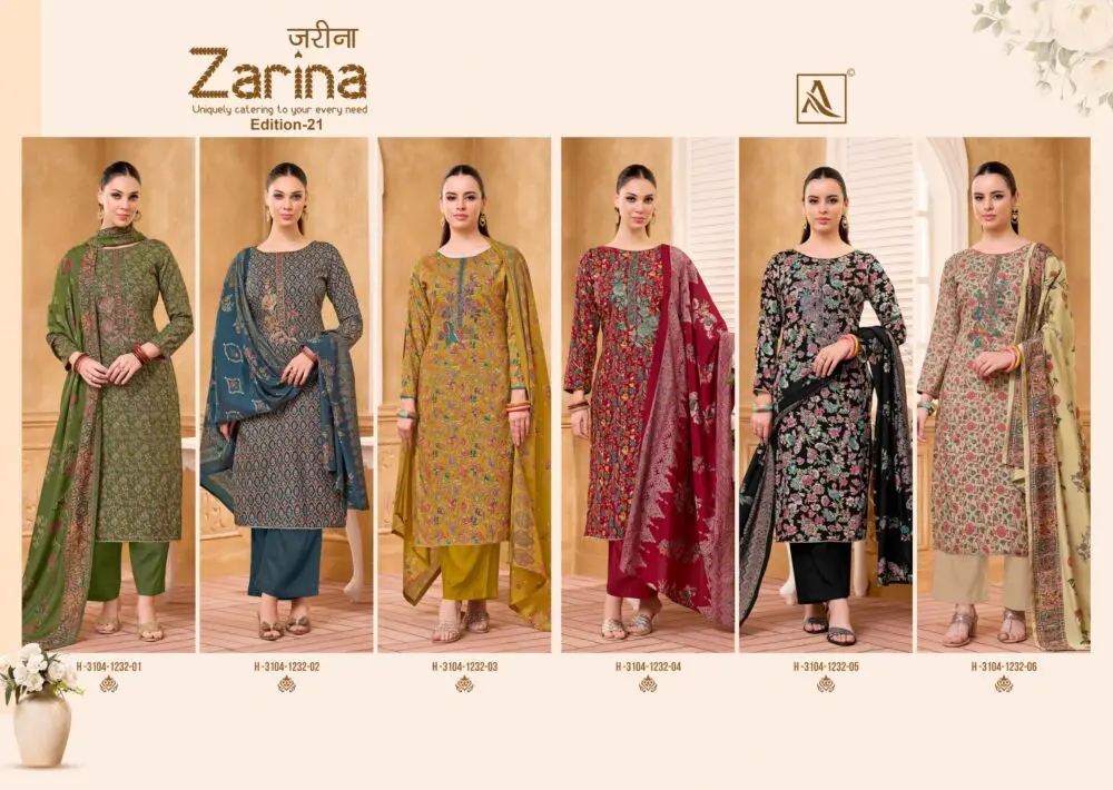 Alok Suit Zarina 21 catalogue collage showing all six unstitched rayon suit designs