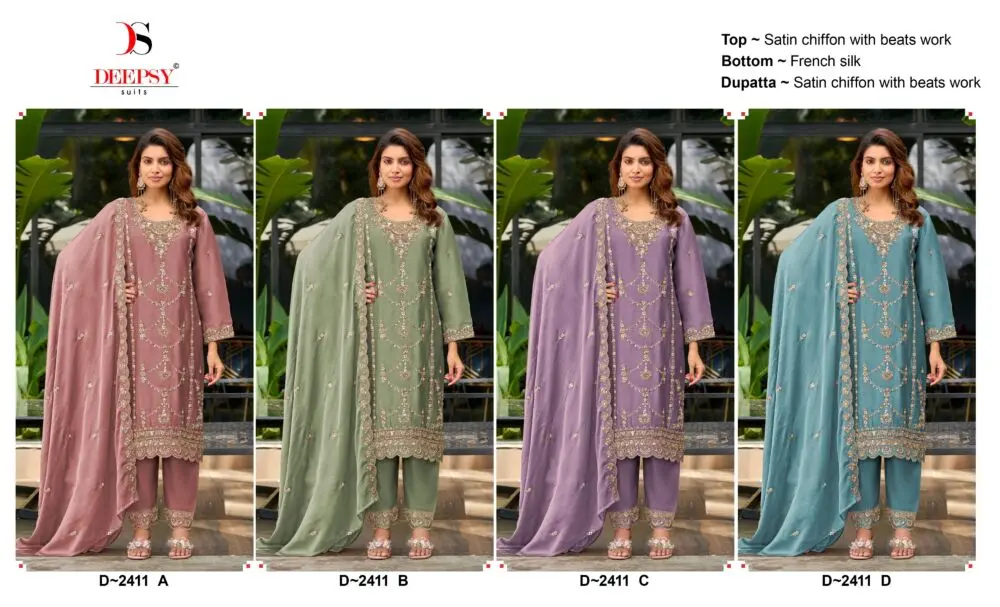 Deepsy Suits D 2411 catalogue collage showing all four semi stitched satin chiffon suit designs