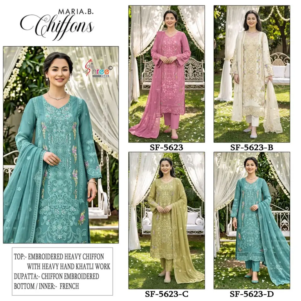 Shree Fabs SF 5623 Maria B Chiffons catalogue collage showing all four designs
