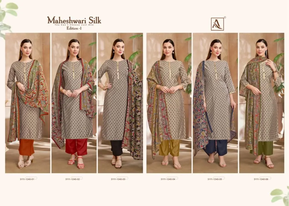 Alok Suit Maheshwari Silk Edition 1 collage showing all six unstitched silk suit designs