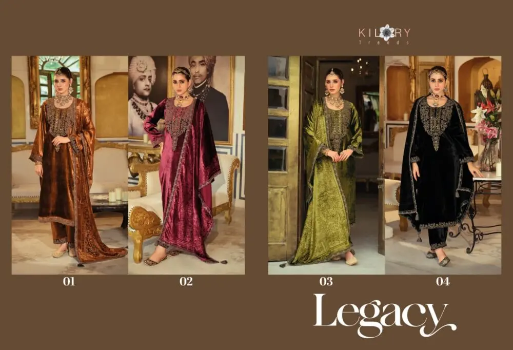 Kilory Trends Legacy collage showing bronze, wine, olive and black velvet suit designs