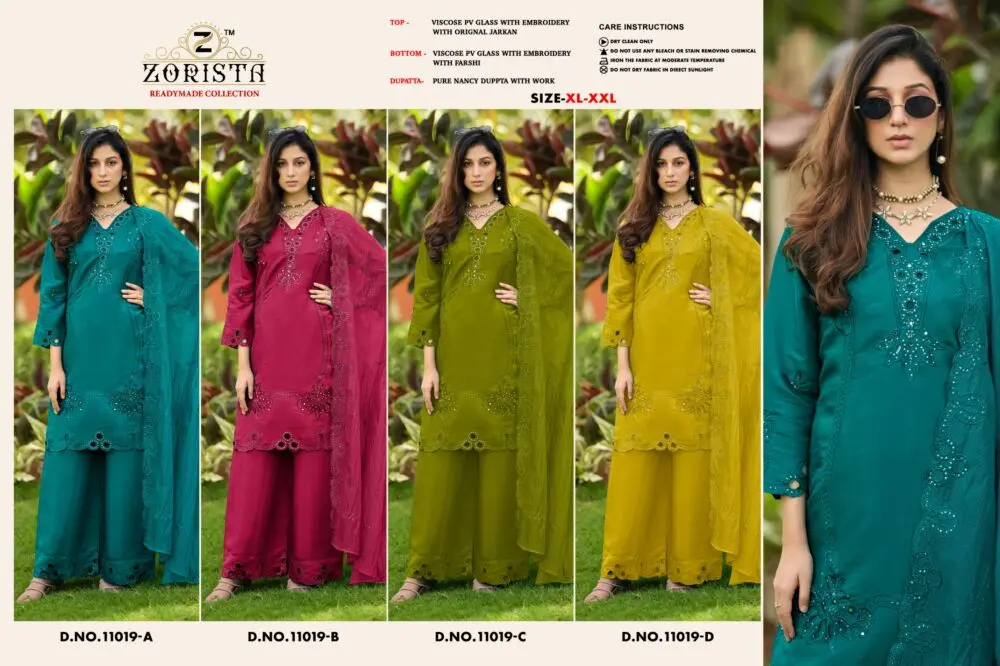 Zorista 11019 catalogue collage showing four embroidered readymade palazzo suit colours