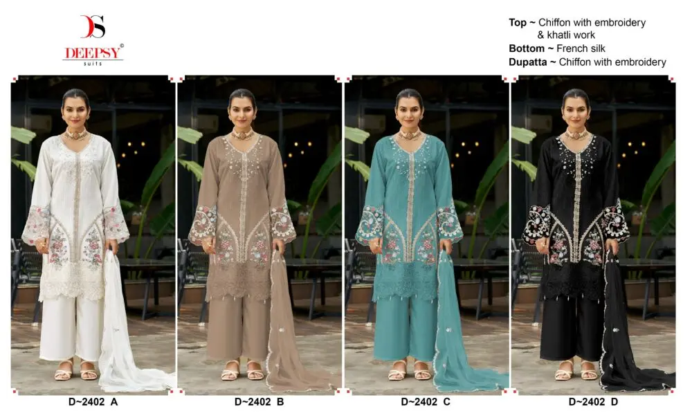 Deepsy Suits D 2402 catalogue collage showing all four semi stitched chiffon suit designs
