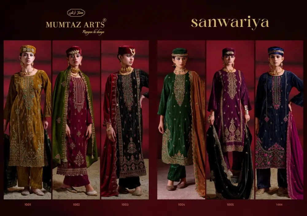 Mumtaz Arts Sanwariya collage showing all six velvet suit designs 1001 to 1006