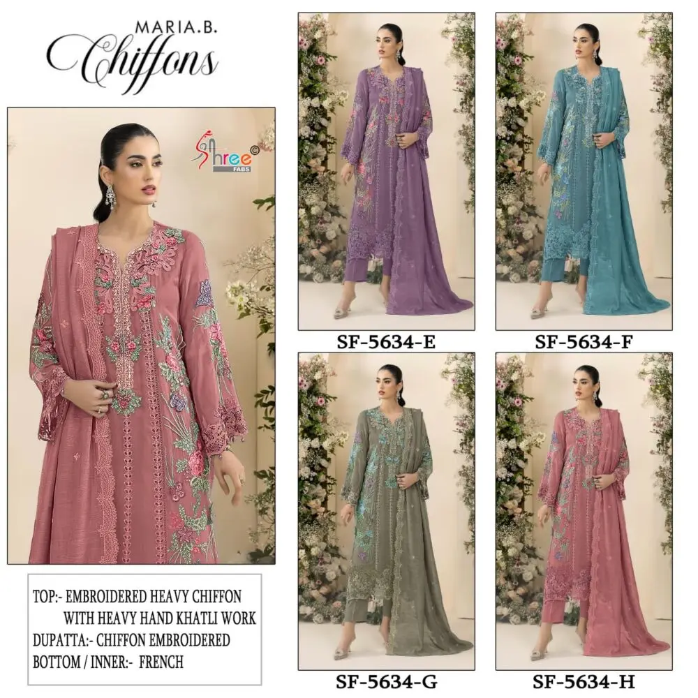 Shree Fabs SF-5634 collage showing all four chiffon suit designs E to H
