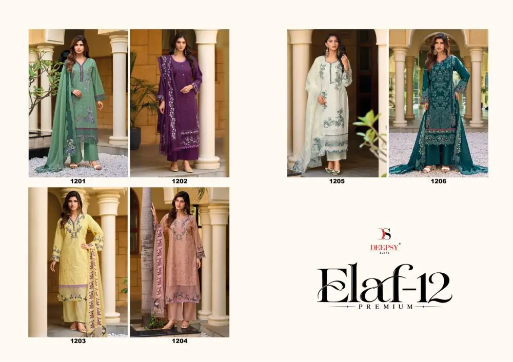Deepsy Elaf Premium 12 six-design catalogue collage in green, purple, yellow, peach, teal and white