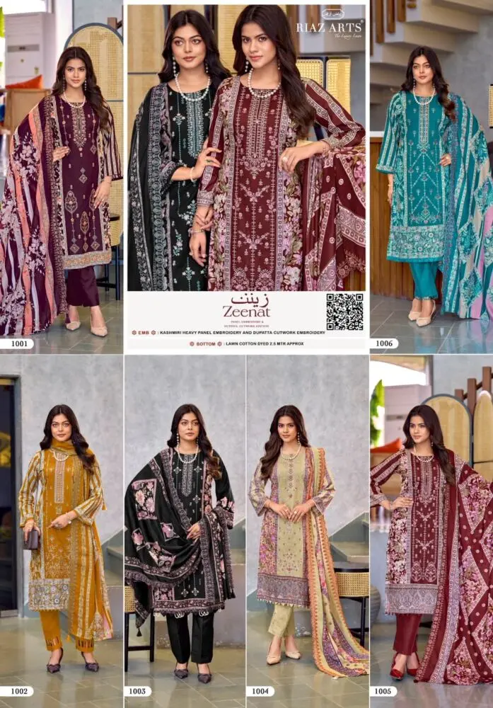 Riaz Arts Zeenat six-design catalogue collage showing plum, black, burgundy, turquoise, mustard and light green suits