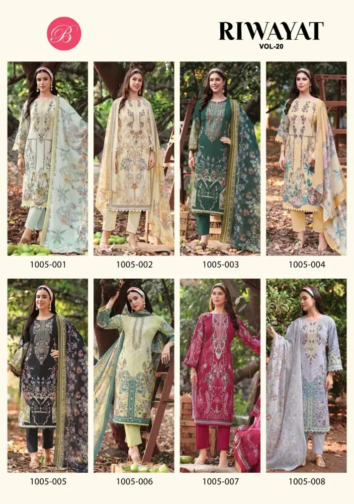 Belliza Designer Studio Riwayat Vol 20 collage showing designs 1005-001 to 1005-008