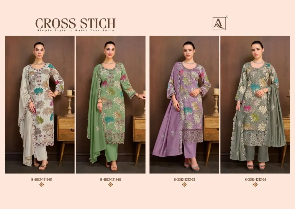 Alok Suit Cross Stitch four-design catalogue collage in ivory, sage, lavender and olive grey