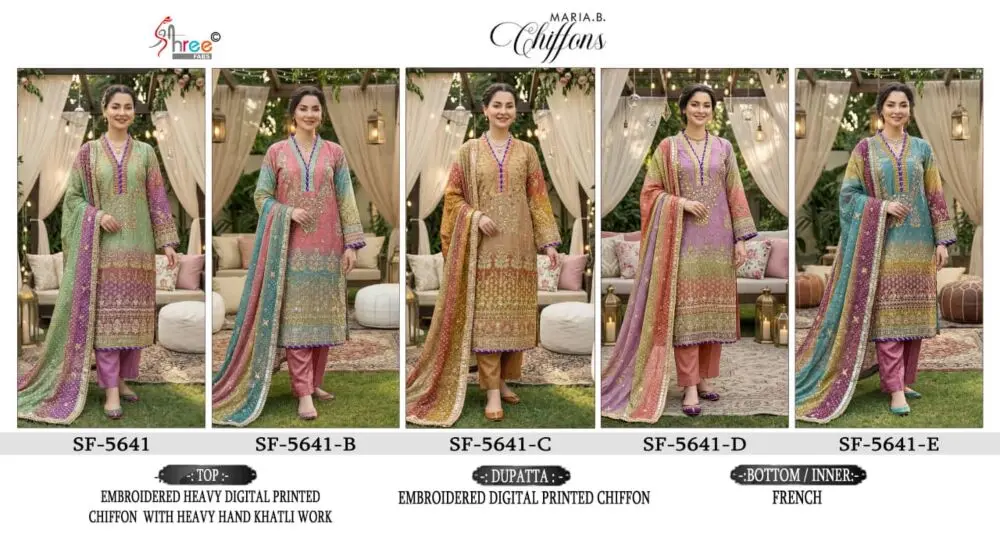 Shree Fabs SF 5641 Maria B Chiffons five-design catalogue collage in green, pink, gold, lavender and teal