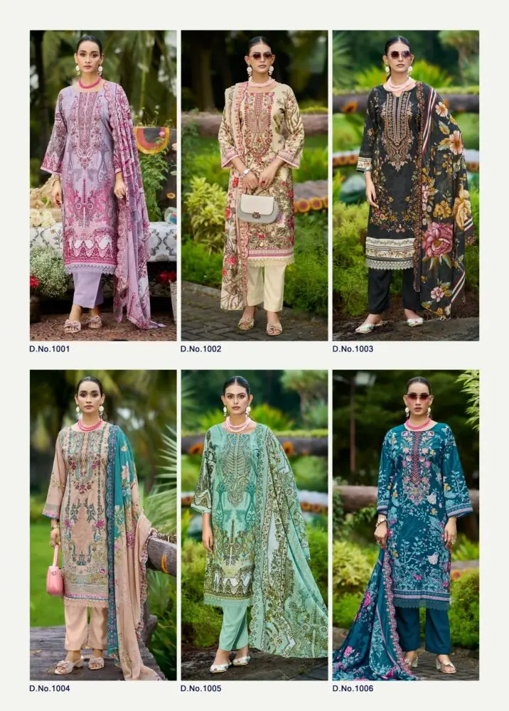 Anarkali Vol-28 collage showing designs 1001 to 1006 in lavender, cream, black, peach, mint and teal