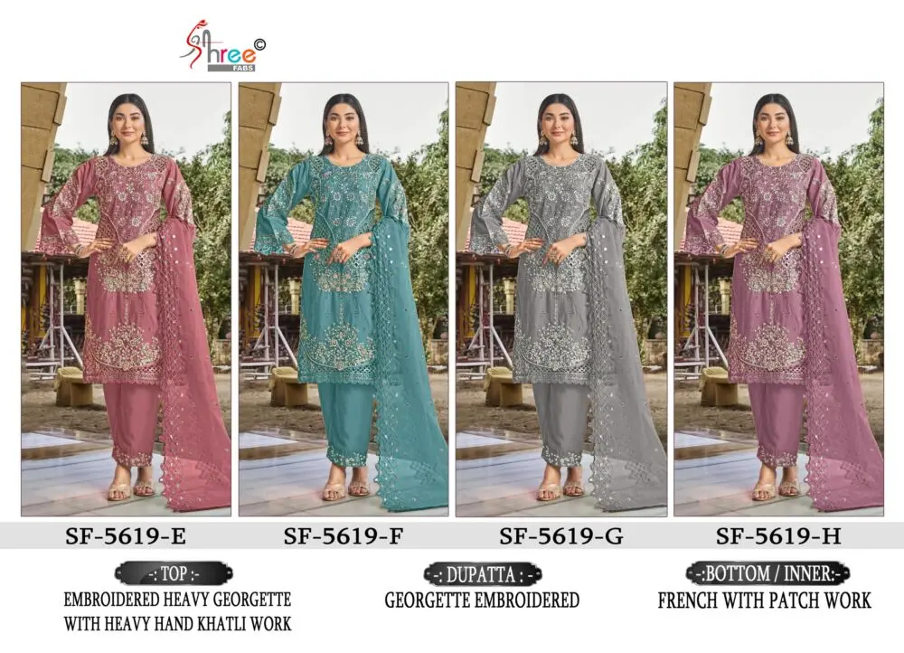 Shree Fabs SF 5619 collage of four embroidered georgette suits in rose, teal, grey and mauve