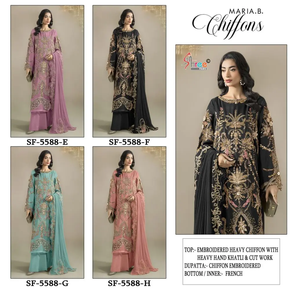 Shree Fabs SF 5588 designs E to H collage showing lilac, black, teal and rose pink chiffon suits