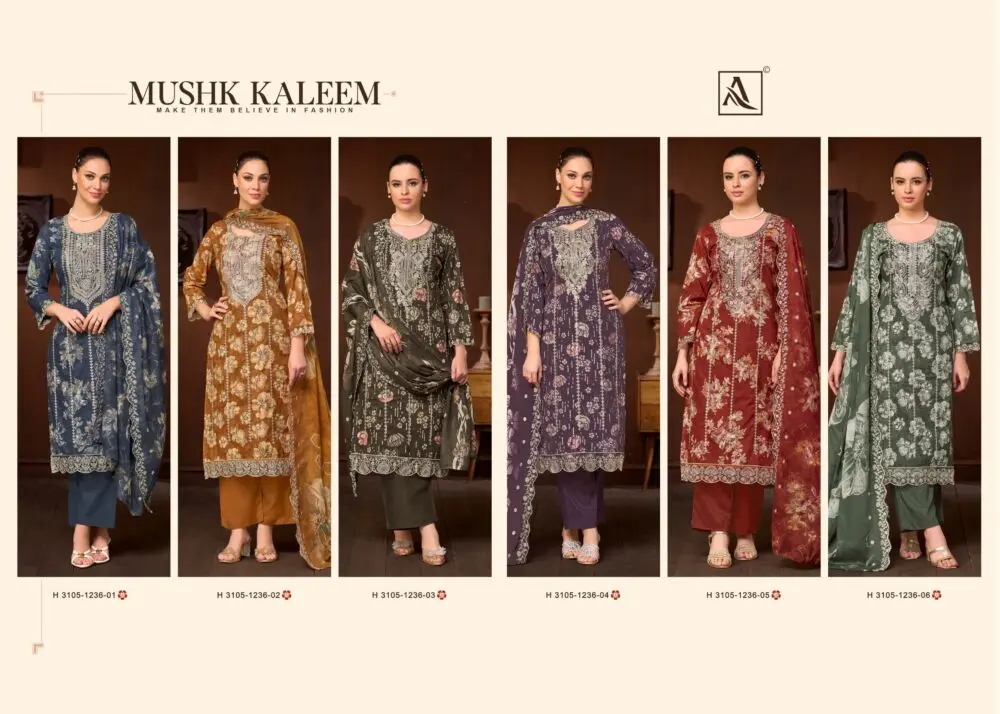 Alok Suit Mushk Kaleem six-design collage in blue, ochre, olive, plum, rust red and green