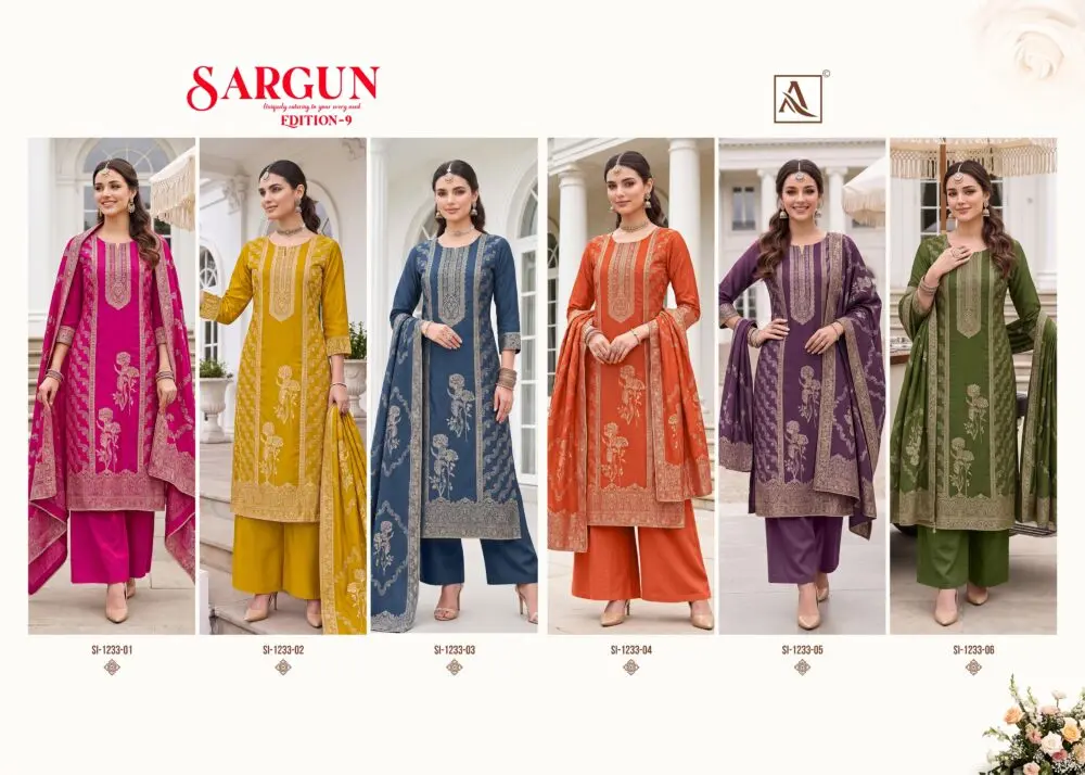 Alok Suit Sargun Edition 9 collage showing designs SI-1233-01 to SI-1233-06