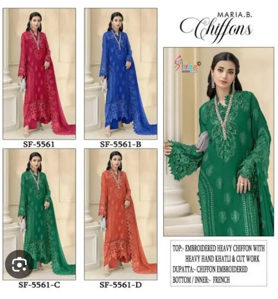 Shree Fabs SF 5561 Maria B Chiffons four-design collage in berry, blue, green and rust