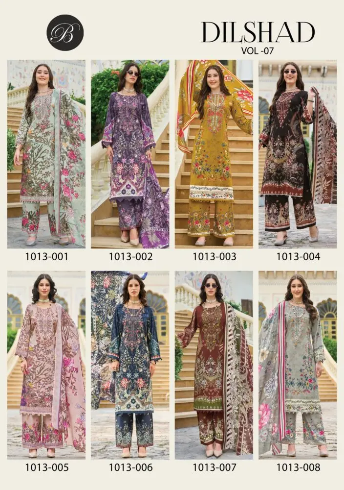 Belliza Designer Studio Dilshad Vol 7 collage showing designs 1013-001 to 1013-008