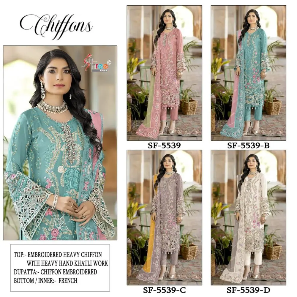 Shree Fabs SF-5539 four-design collage showing pink, teal, grey and ivory suits