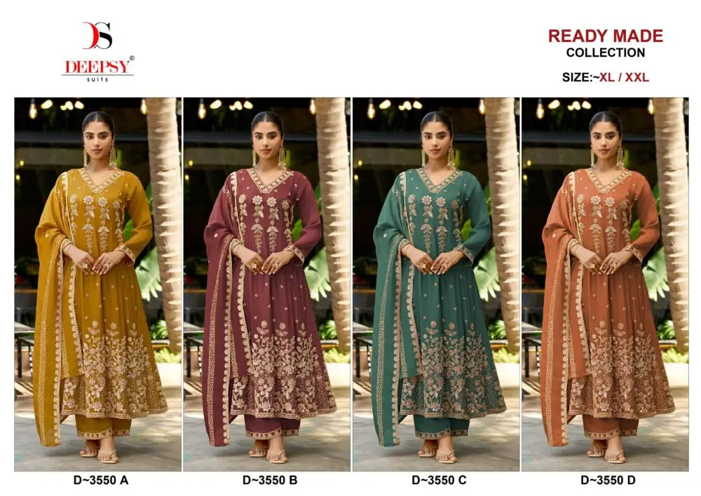 Deepsy D-3550 Anarkali ready-to-wear collage showing designs A to D in mustard, maroon, teal and rust