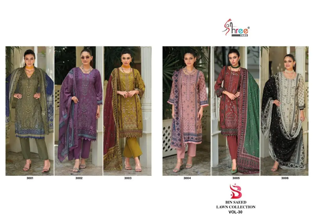 Shree Fabs Bin Saeed Lawn Vol 30 six-design collage, numbers 3001 to 3006
