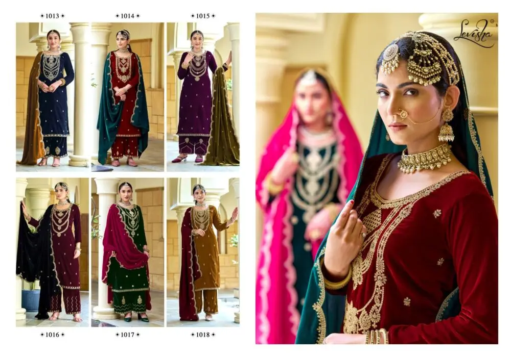 Levisha Riwaaz Vol 2 six-design velvet suit collage, designs 1013 to 1018