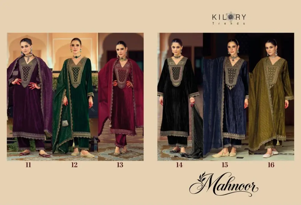 Kilory Trends Mahnoor six-design collage showing plum, green, burgundy, black, navy and olive velvet suits