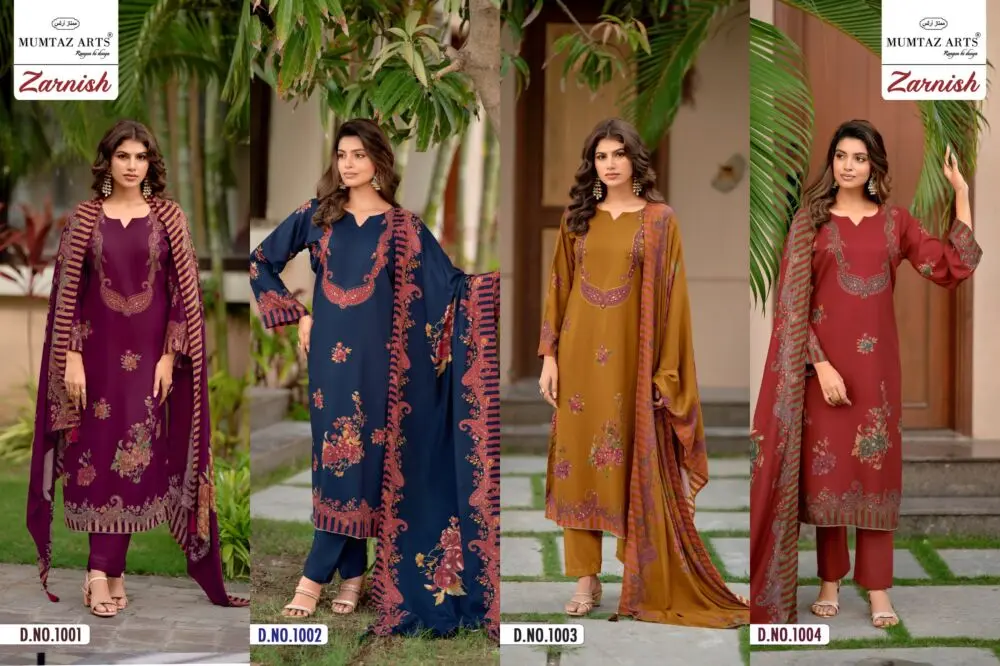 Mumtaz Arts Zarnish full four-design pashmina suit catalogue collage