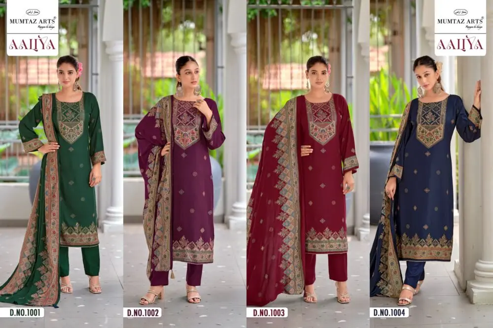 Mumtaz Arts Aaliya full catalogue collage showing designs 1001 to 1004 in green plum burgundy and navy