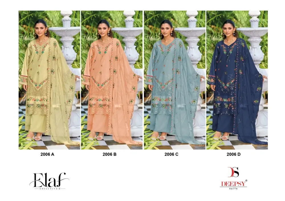 Deepsy Elaf Exclusive 2 four-design Pakistani lawn suit collage, designs 2006 A to D