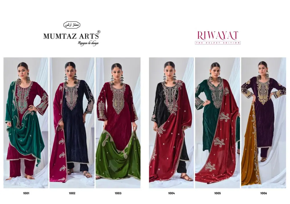 Mumtaz Arts Riwayat six-design velvet suit catalogue collage, designs 1001 to 1006