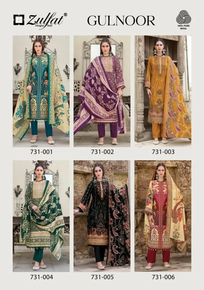Zulfat Gulnoor six-design collage showing all numbered wool pashmina suit looks