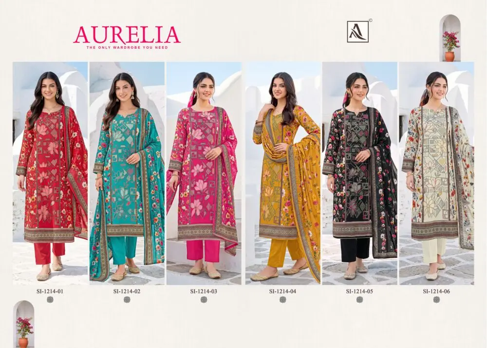 Alok Suits Aurelia six-design collage showing red, teal, pink, mustard, black and cream suits