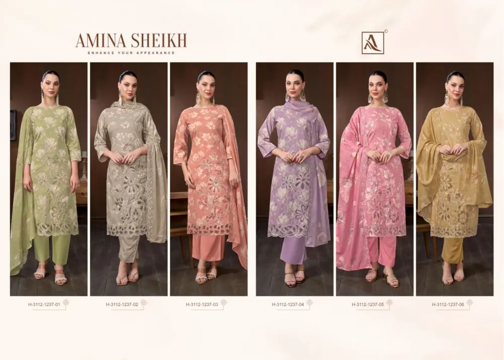 Alok Suit Amina Sheikh collage showing all six embroidered cambric cotton suits