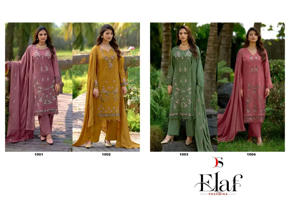 Deepsy Elaf Pashmina collage showing all four numbered suit designs 1001 to 1004