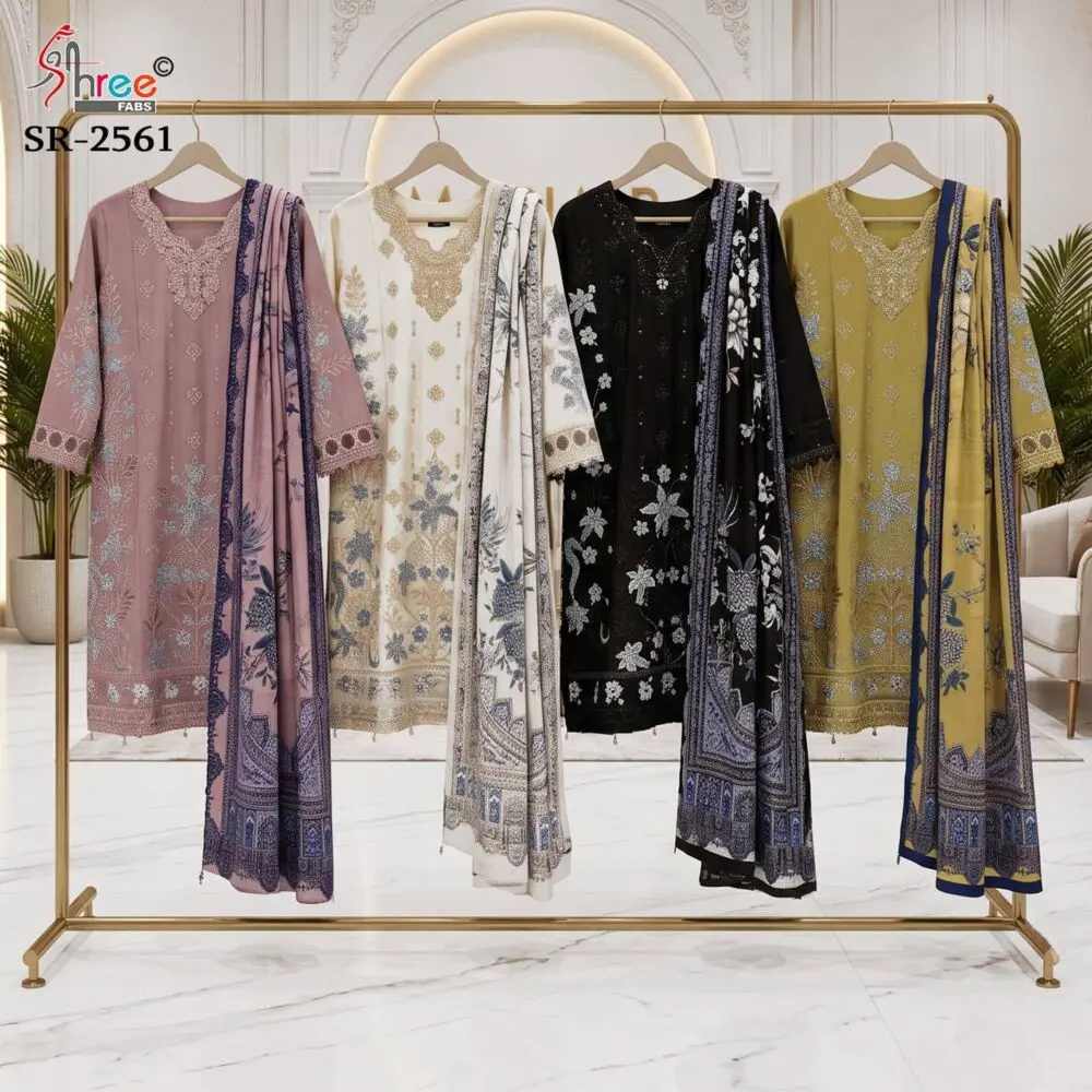 Shree Fabs SR-2561 collage of four ready-to-wear cotton suits in mauve, ivory, black and yellow