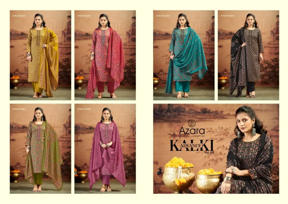 Azara Kalki Advance Vol 5 collage of six suit designs 121-001 to 121-006