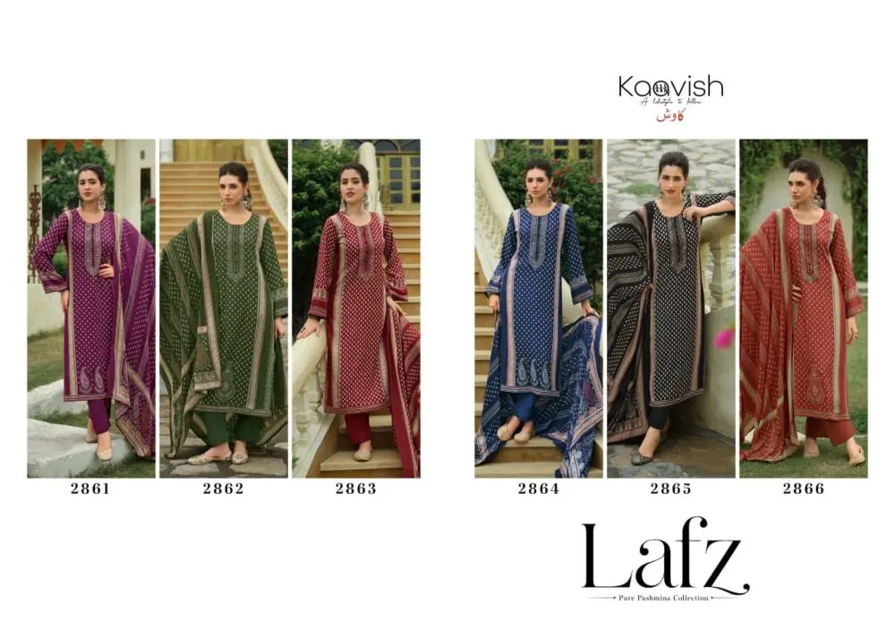 Kaavish Lafz collage of six pashmina suit designs 2861 to 2866