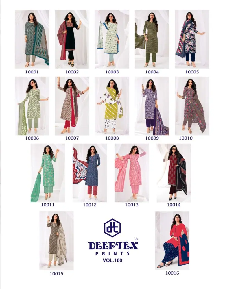 Deeptex Prints Miss India Maharani Vol 100 collage showing all 16 printed cotton suit designs