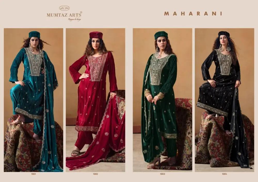 Mumtaz Arts Maharani four-design collage showing teal, maroon, green and black velvet suits numbered 1001 to 1004