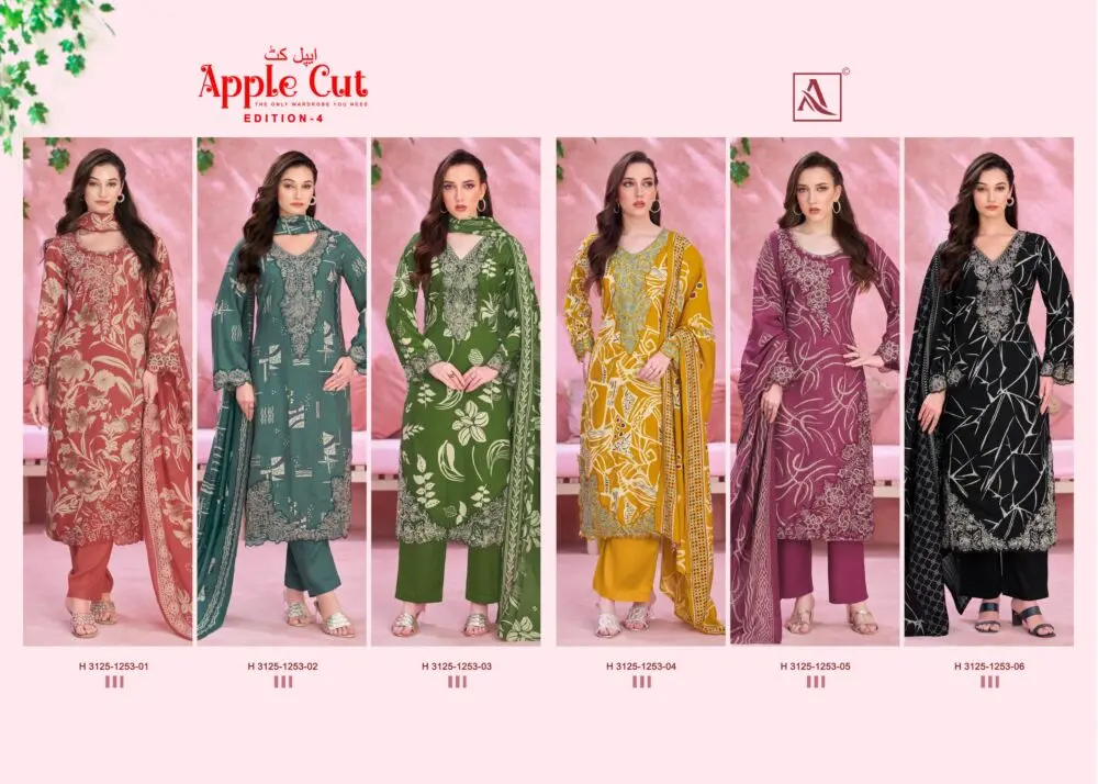 Alok Suit Apple Cut Edition-4 six-design collage in rose, teal, green, yellow, plum and black